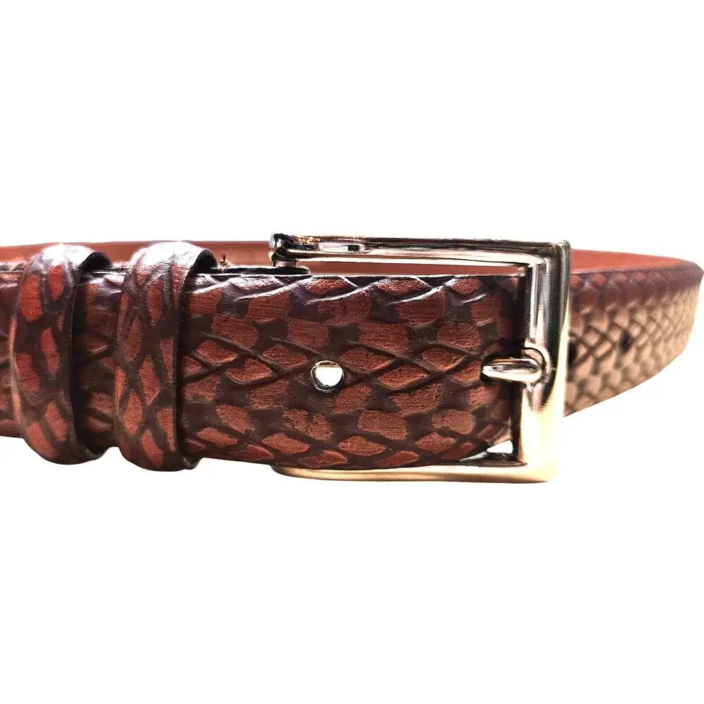 Men's Italian Embossed Leather Belt Brown Mimics Reptile Skin Texture Sz 44/110